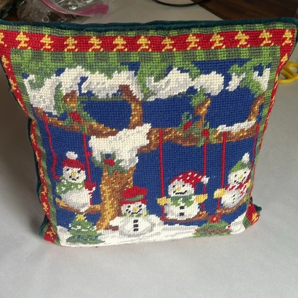 Vintage Handmade Cross Stitched Christmas Pillow Snowmen on Swings Velvet Back